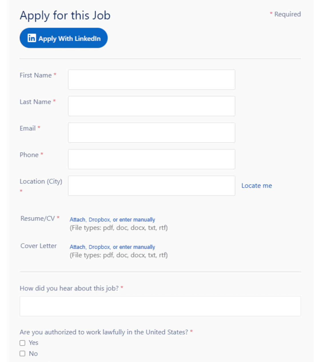 An example of a recruiting intake form for a remote working agency