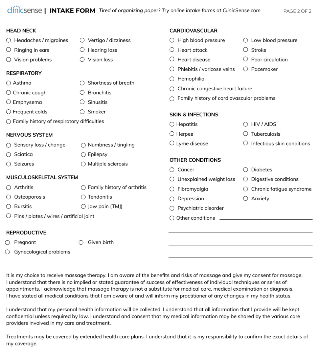 An example of a massage intake form 