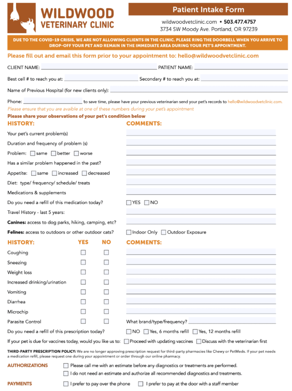An example of veterinarian patient intake form for a vet clinic