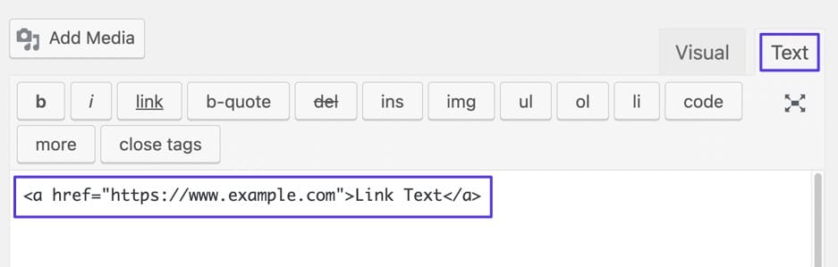 โปรแกรมแก้ไขข้อความใน WordPress พร้อมรหัสสำหรับลิงค์