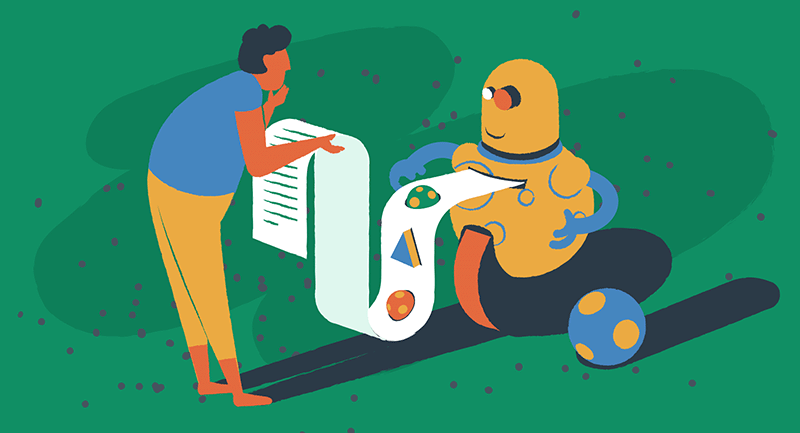 Un uomo usa l'intelligenza artificiale per ottenere idee per il sito web.