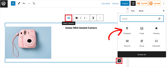 添加段落块以键入产品描述 Add the Paragraph block to type product descriptions