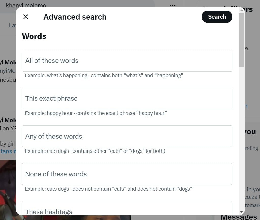 Menggunakan filter pencarian lanjutan untuk Tweet untuk menemukan alamat email seseorang.