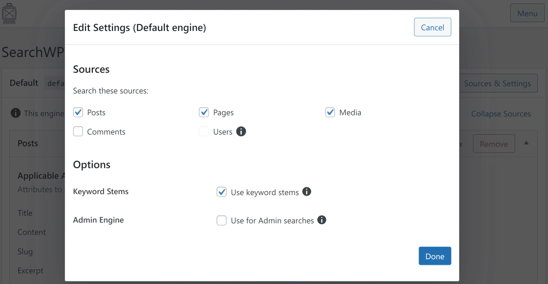 SearchWP sources and settings