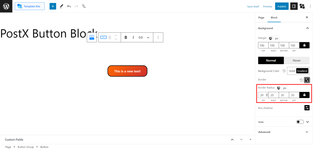 Cómo agregar botones en WordPress: Mejore sus botones de WordPress con PostX 15 Button Border Radius Adjustment