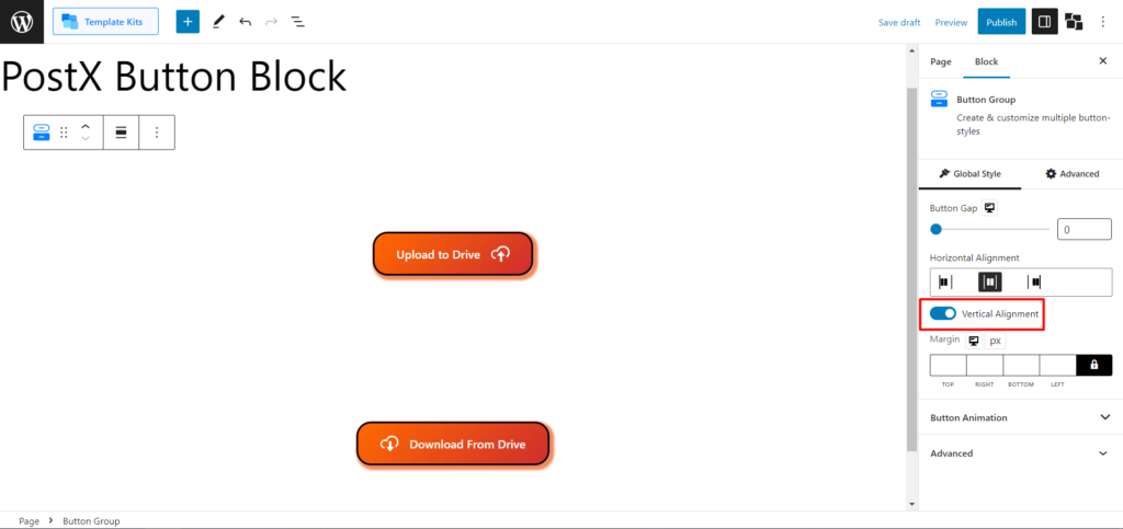 Cómo agregar botones en WordPress: Mejore sus botones de WordPress con PostX 23 Vertical Alignment Toggler