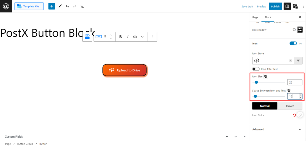 Cómo agregar botones en WordPress: Mejore sus botones de WordPress con PostX 18 Icon Size and Space Control