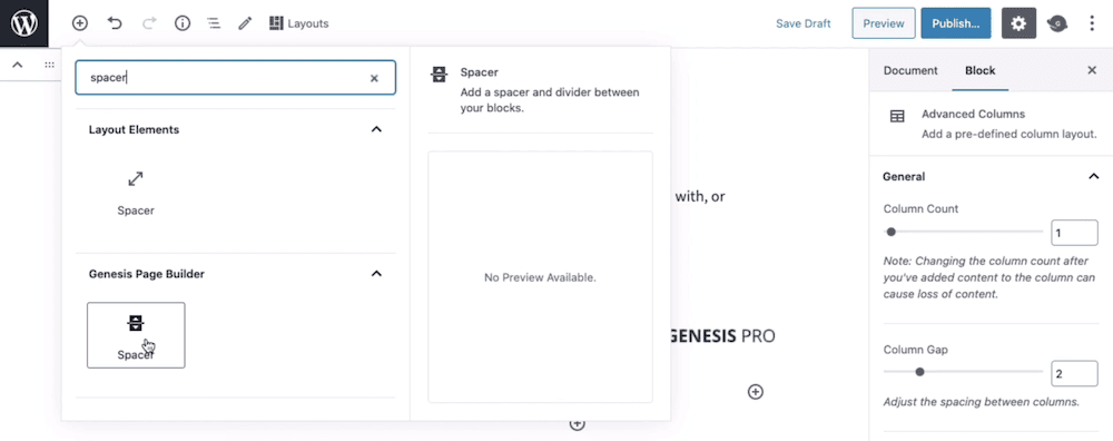 WordPress 블록 편집기에서 Genesis Pro 사용.