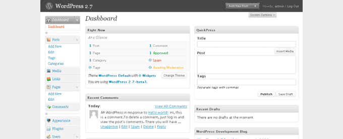 Aniversário de 20 anos: como o WordPress facilitou a criação de sites 5 wp 27 dashboard 1
