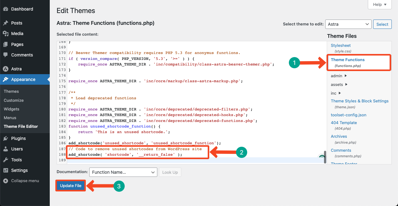 WordPress から未使用のショートコードを削除する方法 (4 つの簡単な方法) 9 Type Code in function.php file