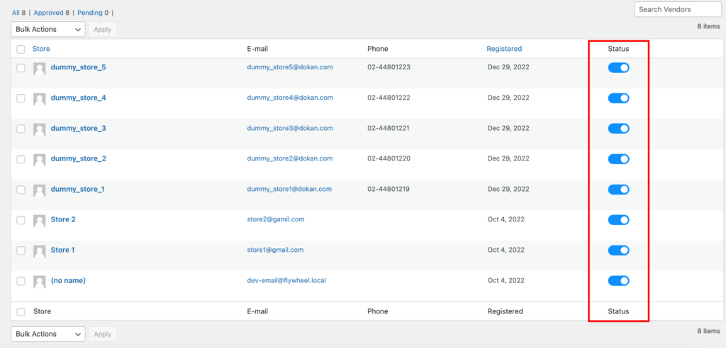 如何在 WordPress 12 中創建在線書店市場 This is a screenshot of the vendors Selling Status
