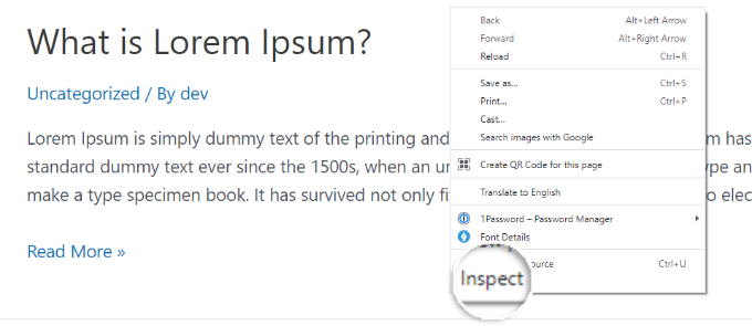 Chrome での「検査」オプションの選択 Right click to open the inspect option
