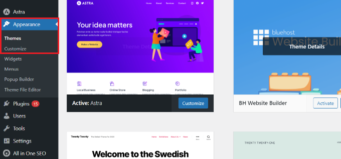 外観 - カスタマイズの場所を示す WordPress ダッシュボード Go to theme customizer from WordPress dashboard