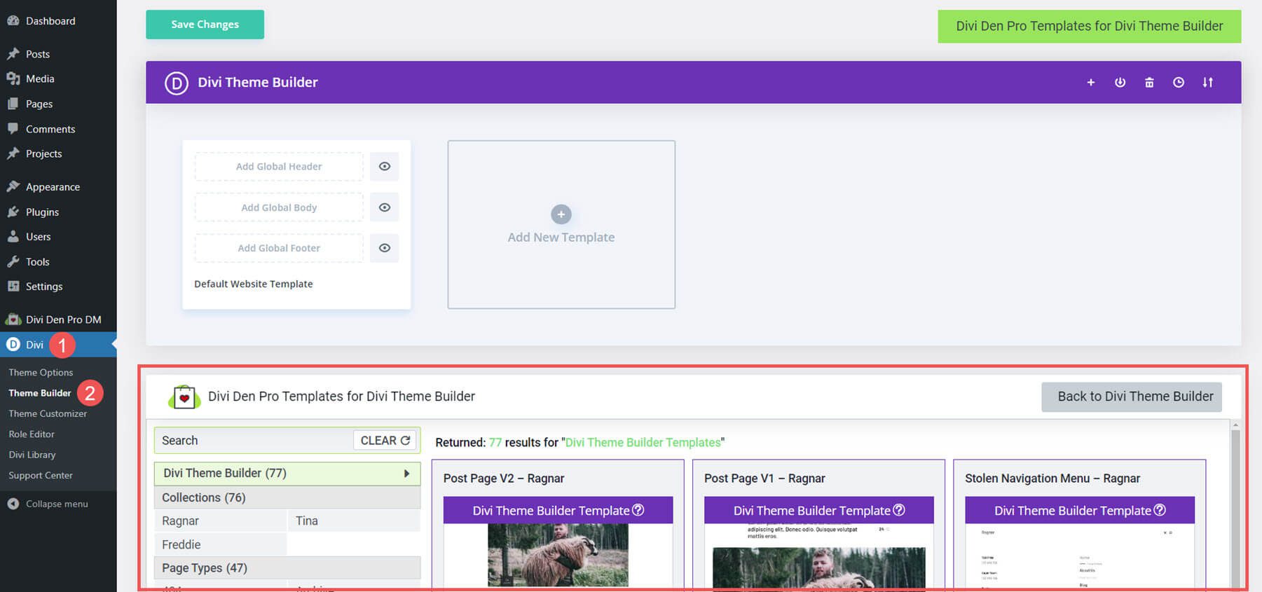 Divi Theme Builder 中的 Divi Den Pro 佈局庫