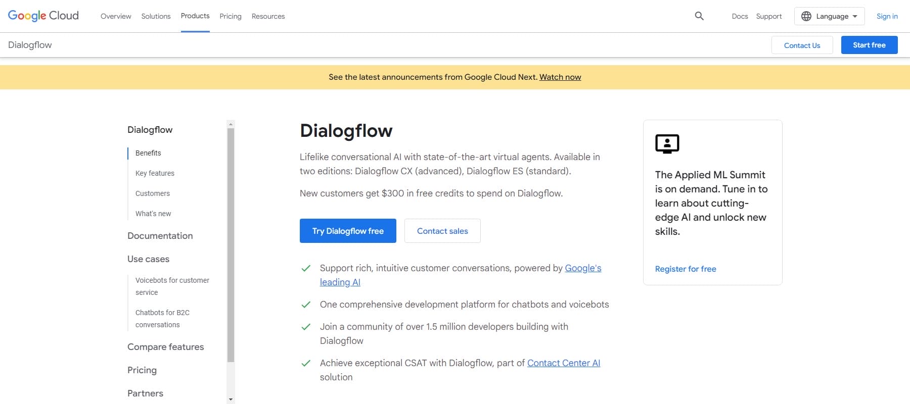Google Dialogflow — главная страница, май 2023 г.