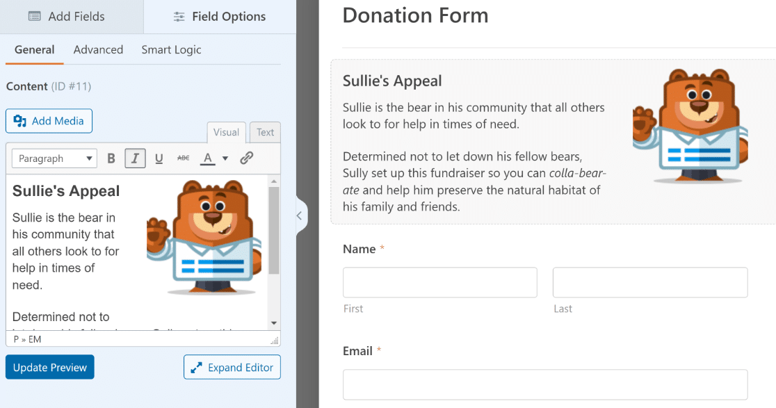 Donation form with Content field