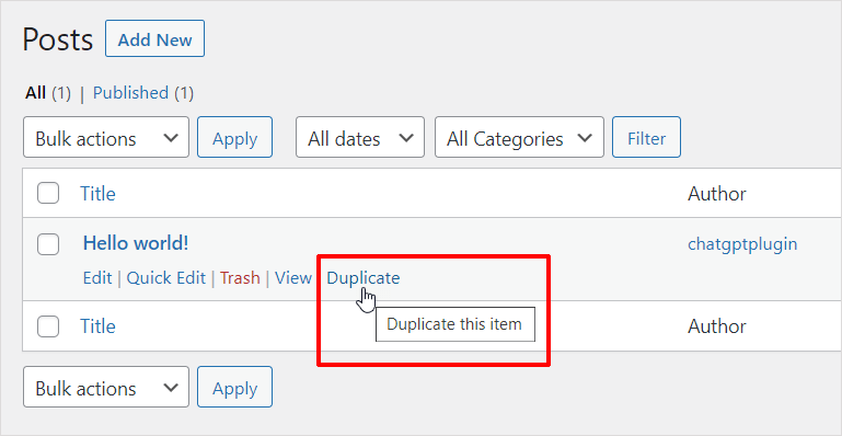 WordPress 帖子表 - 帶有新重複項的帖子條目。