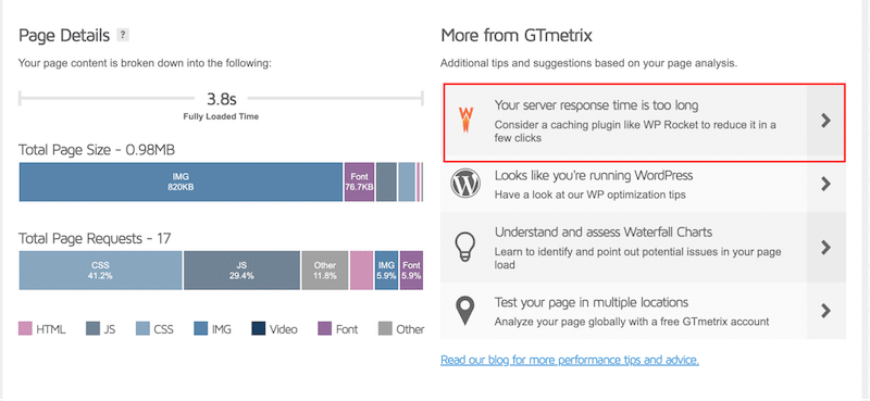 GTmetrix rekomenduje WP Rocket - Źródło: GTmetrix