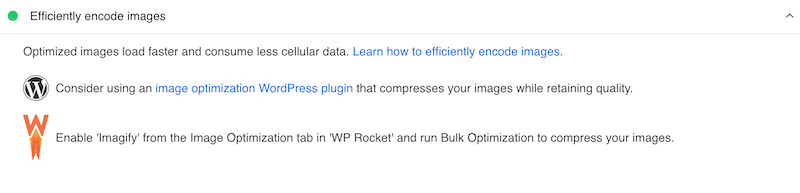 PageSpeed Insights zaleca włączenie Imagify w celu zbiorczej optymalizacji obrazów — Źródło: PSI