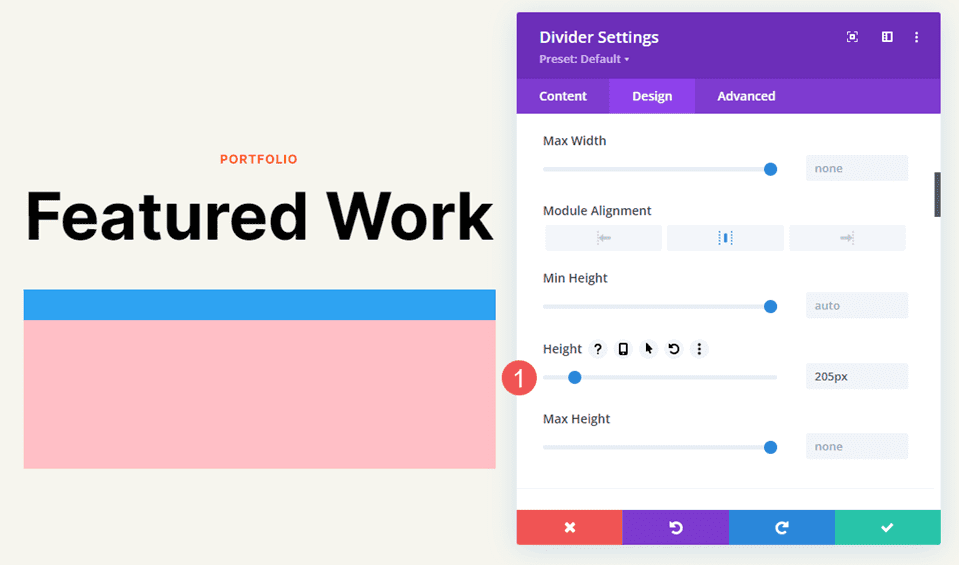 Configurações de dimensionamento de linha do módulo divisor