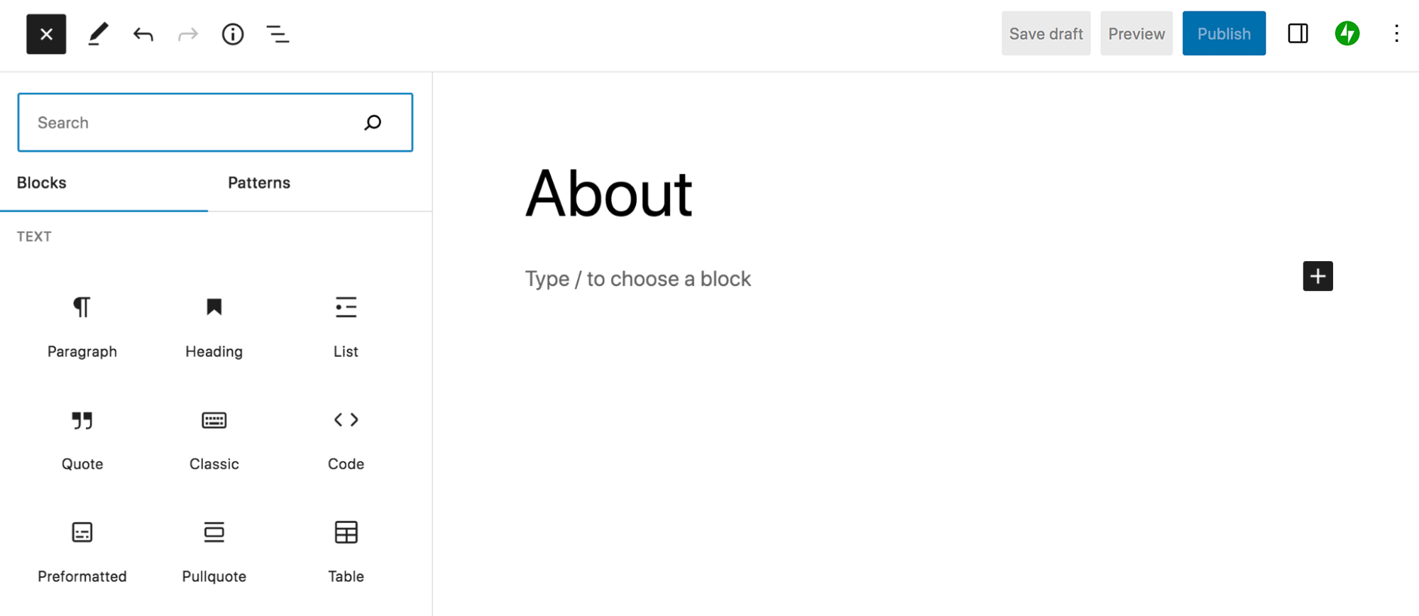 el editor de bloques, con una lista de bloques, editando una página Acerca de
