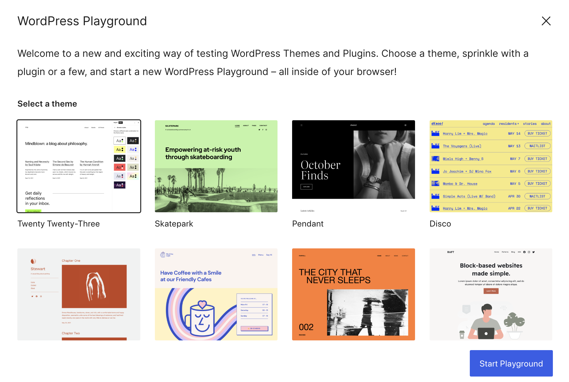 página de apertura de WordPress Playground