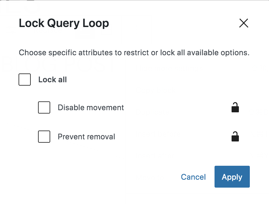 menu with options for locking a block