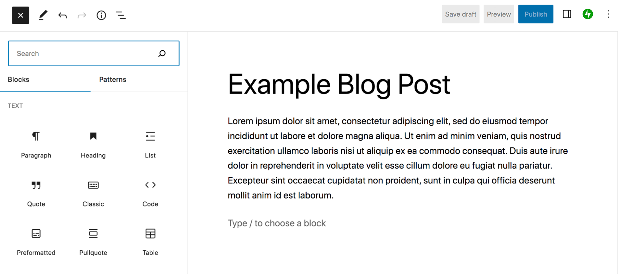 insertador de bloque abierto en una página de publicación de blog