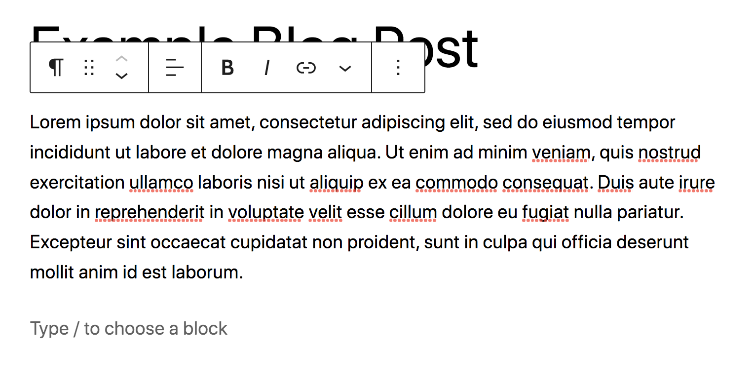 barra de herramientas de bloque con opciones para texto en negrita, texto en cursiva y más.