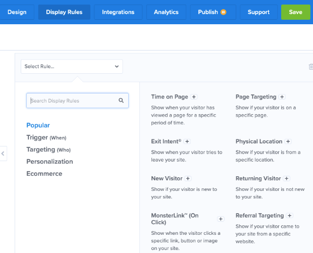 opciones de regla de visualización de optinmonster