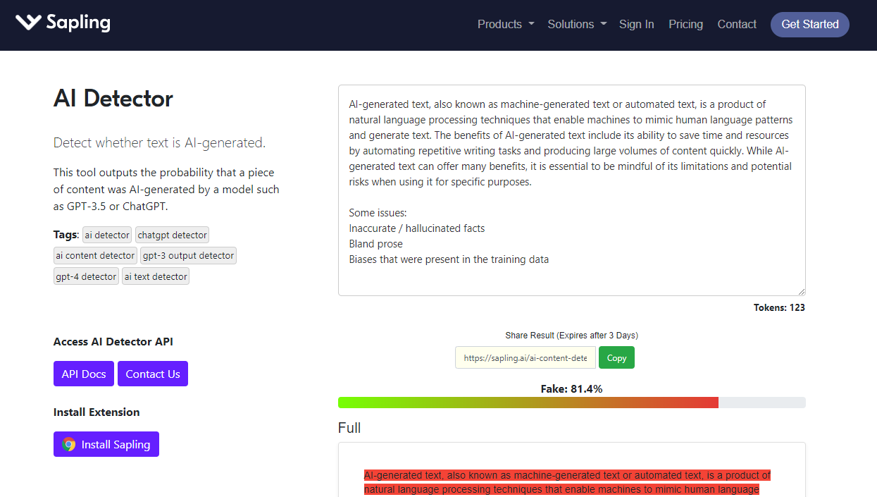 Saplin AI Content Detector.