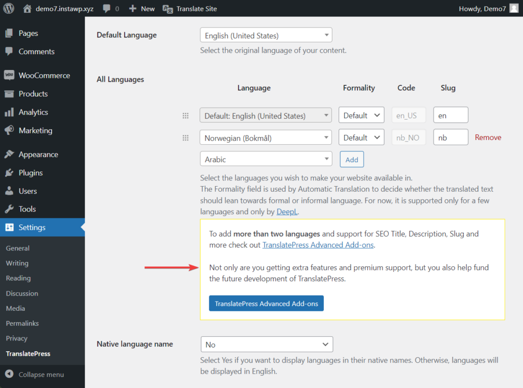 atualize para o TranslatePress pro para adicionar idiomas ilimitados