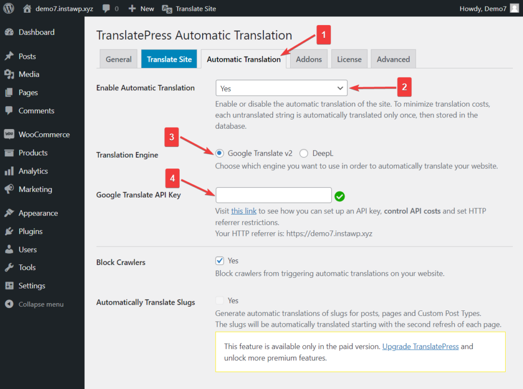 habilitando a tradução automática para um site multilíngue