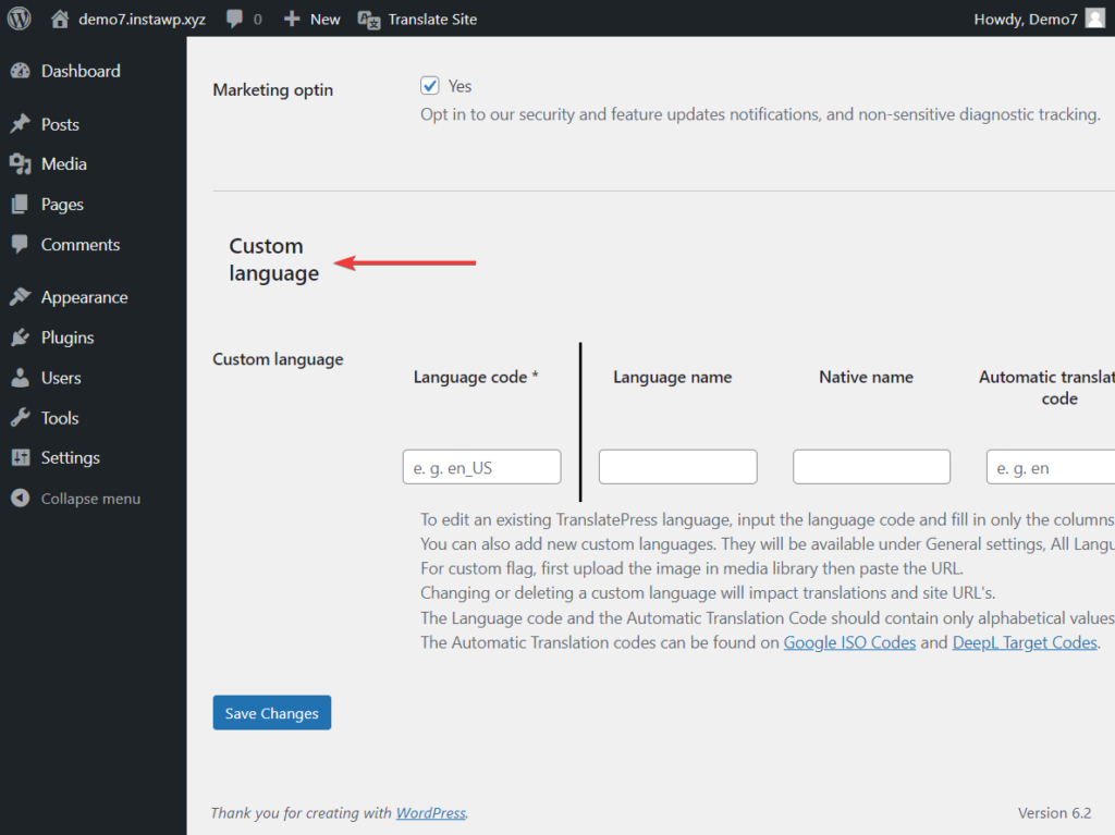 aggiunta di una lingua personalizzata per un sito Web multilingue