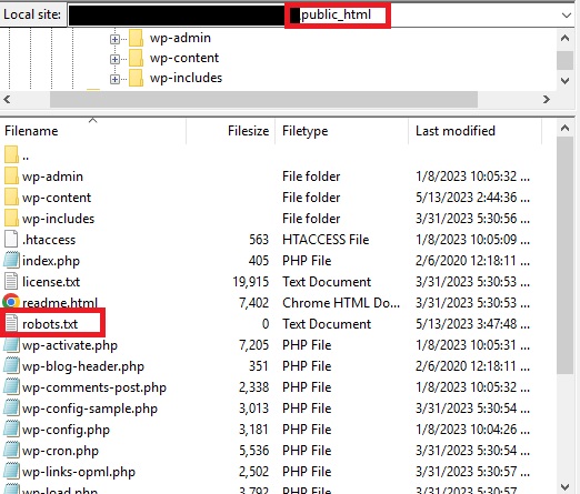 ftp filezilla modifica robots.txt in wordpress