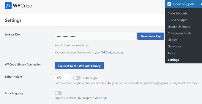 WPCode lisans anahtarını girin Enter WPCode license key