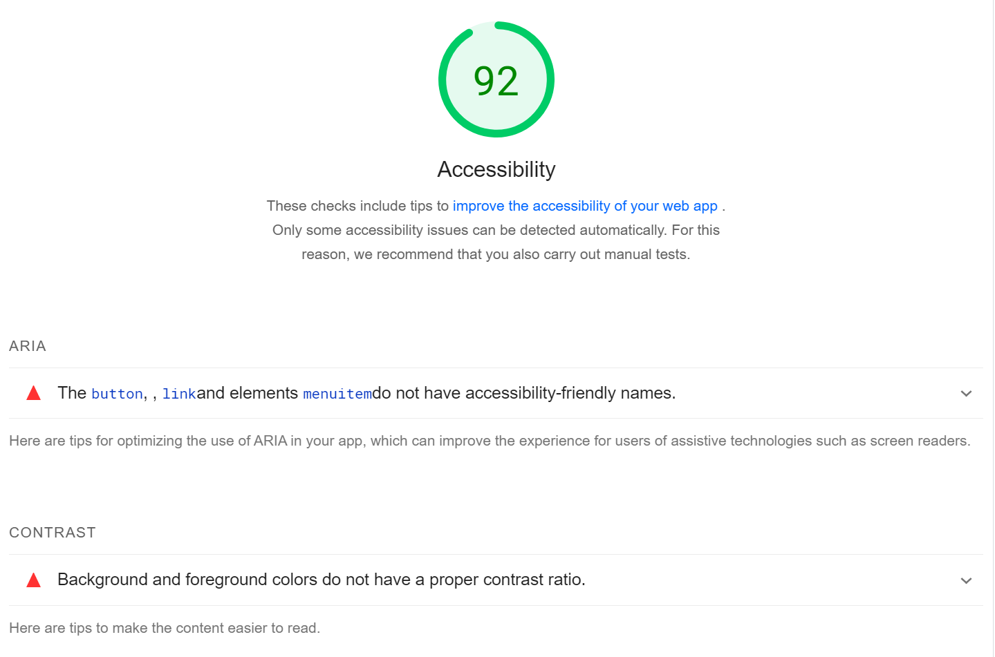 ข้อผิดพลาด "สีพื้นหลังและพื้นหน้าไม่มีอัตราส่วนคอนทราสต์เพียงพอ" ใน PageSpeed Insights