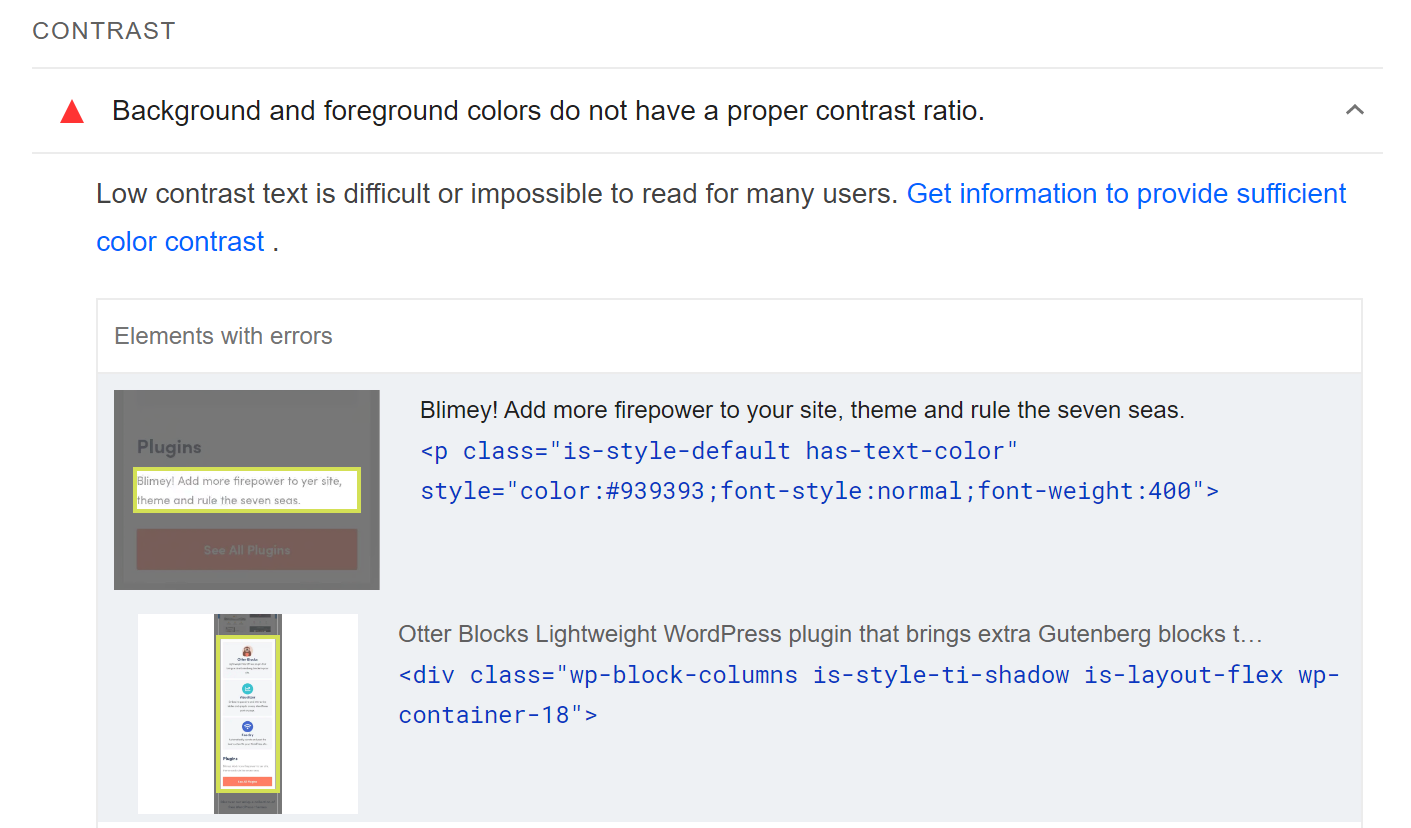 รายการองค์ประกอบที่มีอัตราส่วนคอนทราสต์ต่ำใน PageSpeed Insights