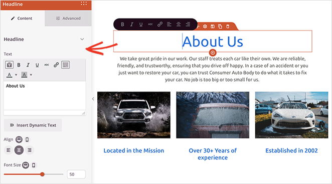 editservicepagedesignheadline SeedProd Editing a headline on your service page design in WordPress