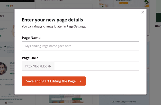 nome da página de destino do curso online SeedProd Add a landing page name and URL