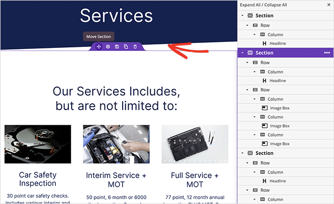 moveservicessection SeedProd Move service section position