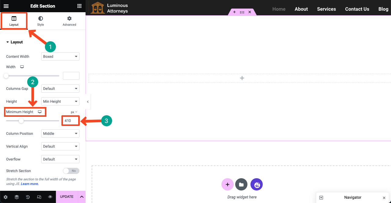 Jak stworzyć stronę prawnika za pomocą Elementora i HappyAddons 17 Create an area for the hero section and customize its height