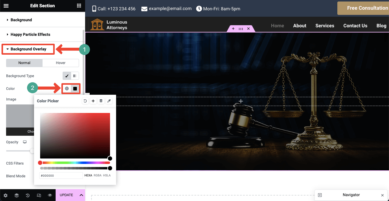 Jak stworzyć stronę prawnika za pomocą Elementora i HappyAddons 19 Add Background Overlay
