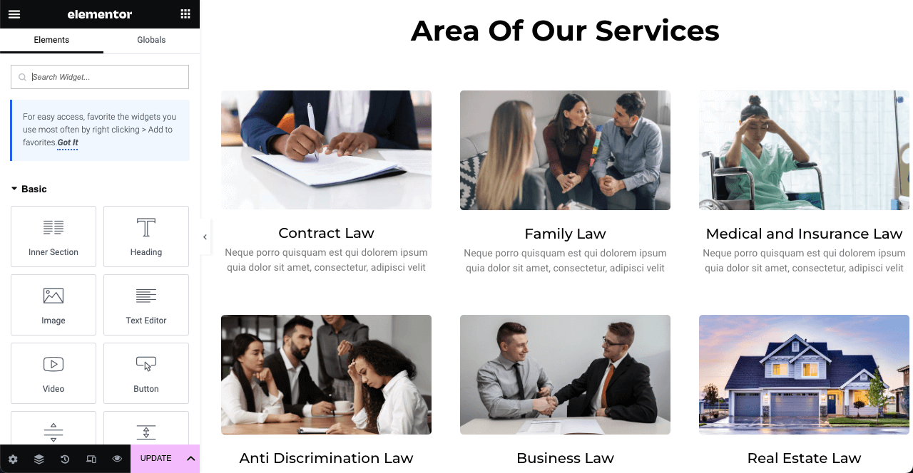 Jak stworzyć stronę prawnika za pomocą Elementora i HappyAddons 21 Edit the service section