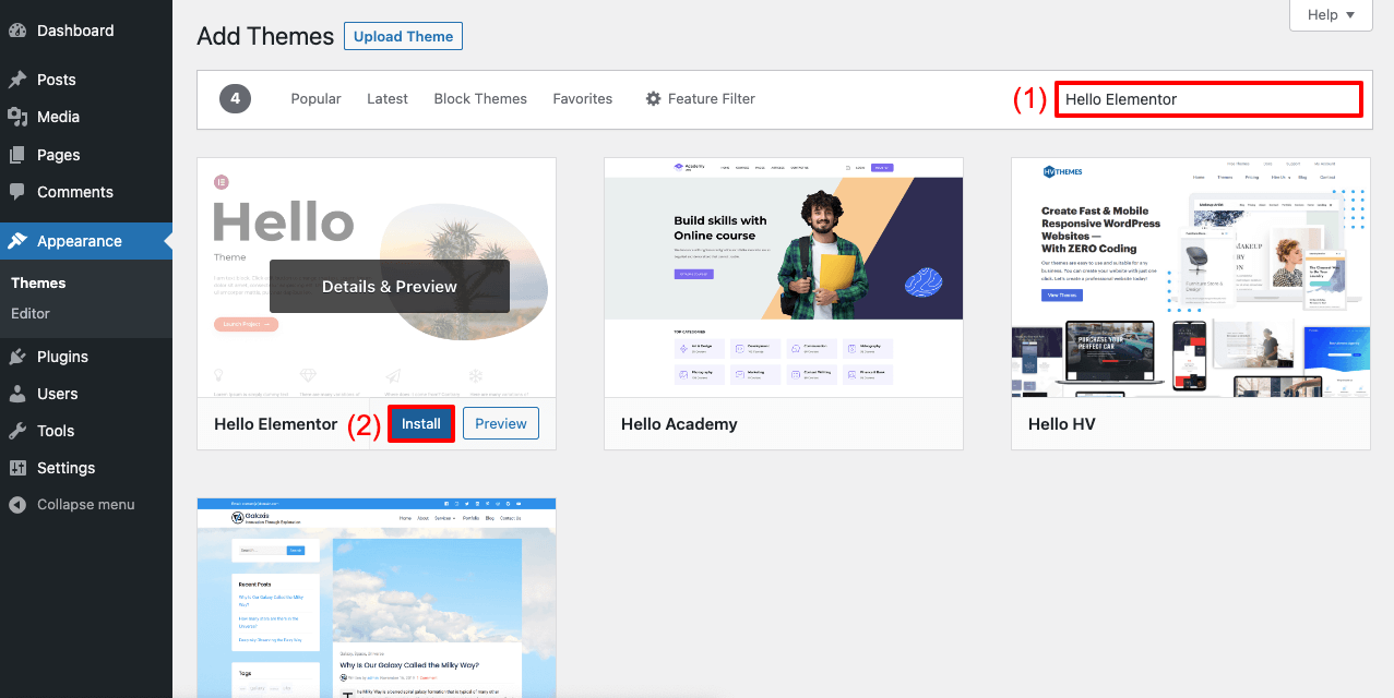 Jak stworzyć stronę prawnika za pomocą Elementora i HappyAddons 6 Install Hello Elementor