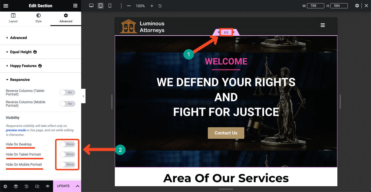 Jak stworzyć stronę prawnika za pomocą Elementora i HappyAddons 35 How to hide widget or section on Elementor powered website