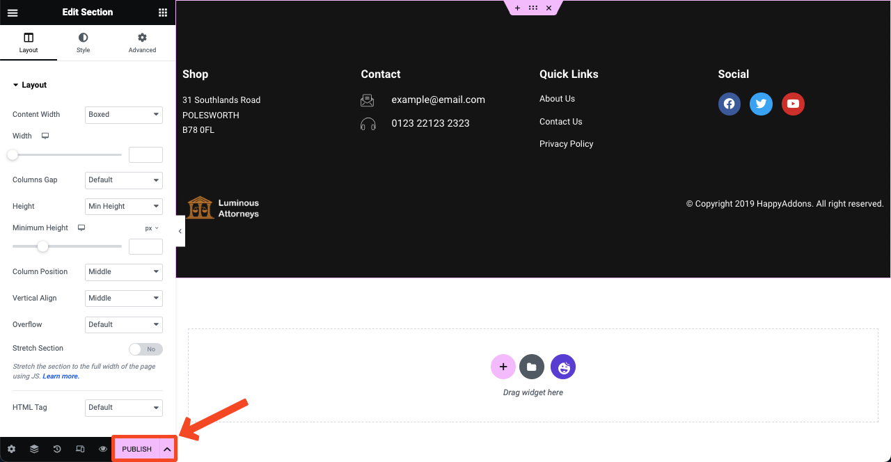 Jak stworzyć stronę prawnika za pomocą Elementora i HappyAddons 32 Publish the Footer