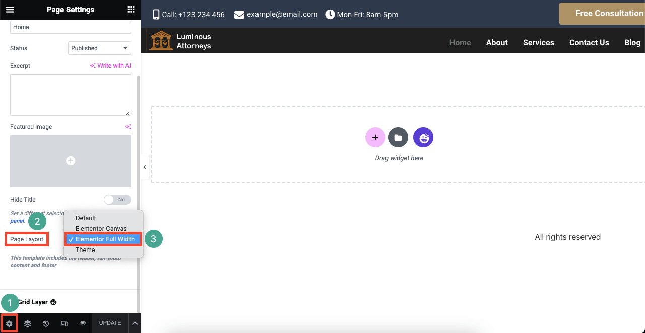 Jak stworzyć stronę prawnika za pomocą Elementora i HappyAddons 16 Open page in Elementor Full Width