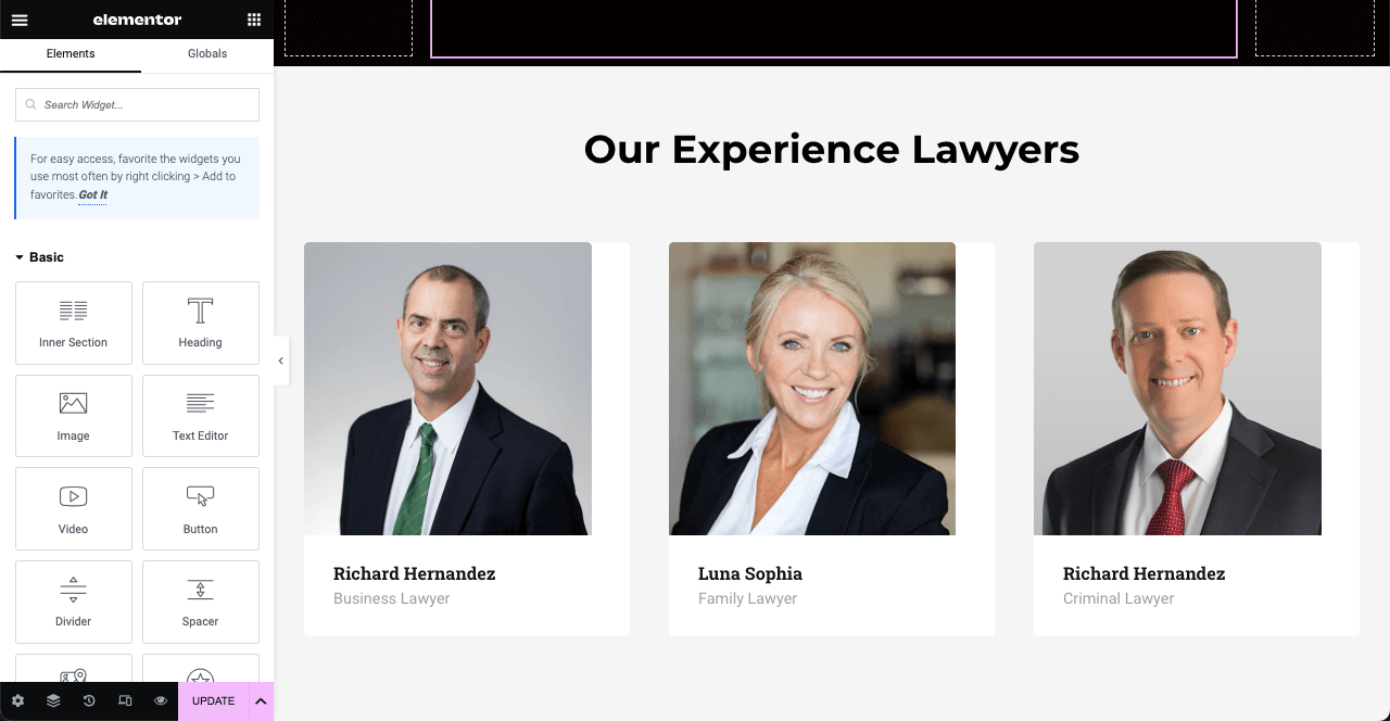 Jak stworzyć stronę prawnika za pomocą Elementora i HappyAddons 26 Add Attorneys to the Home Page