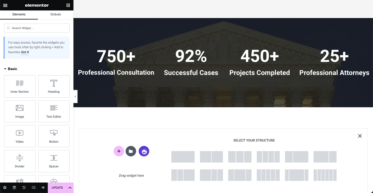 Jak stworzyć stronę prawnika za pomocą Elementora i HappyAddons 27 Add a Brief Summary of the Work History of Your Law Firm